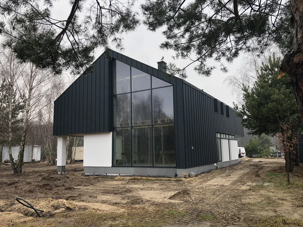 Nowoczesny dom z dużym przeszkleniem szczytowym i czarną elewacją, widok boczny