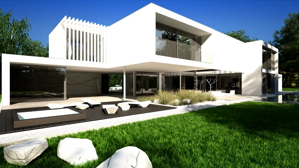 Wizualizacja ogrodowej elewacji z tarasem, leżakami i strefą relaksu.