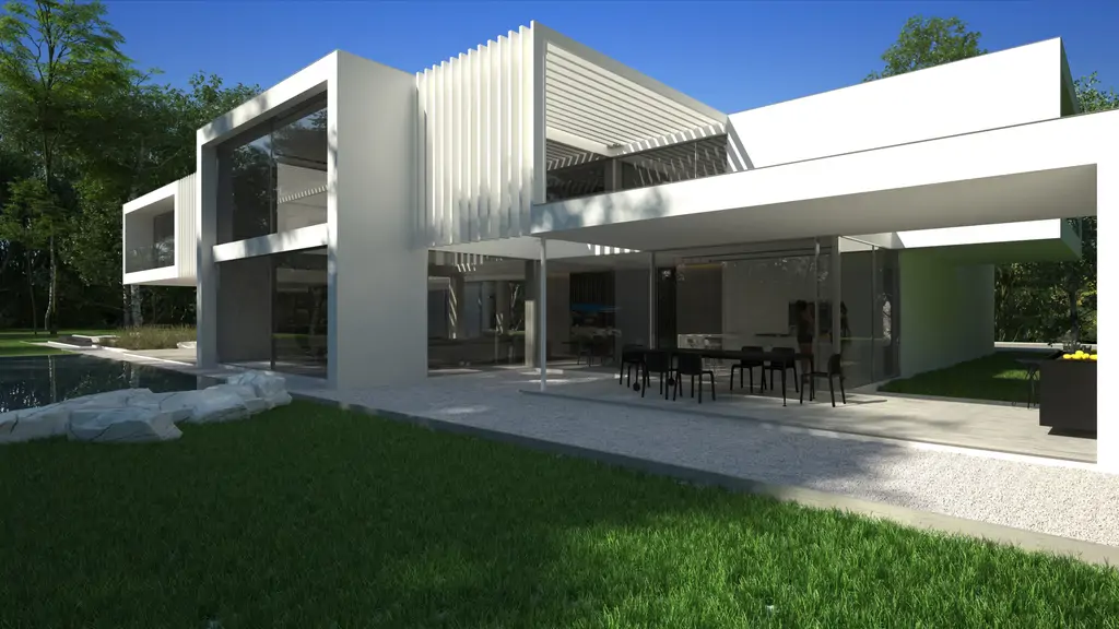 Wizualizacja zadaszonej strefy lounge przy basenie z widokiem na ogród.