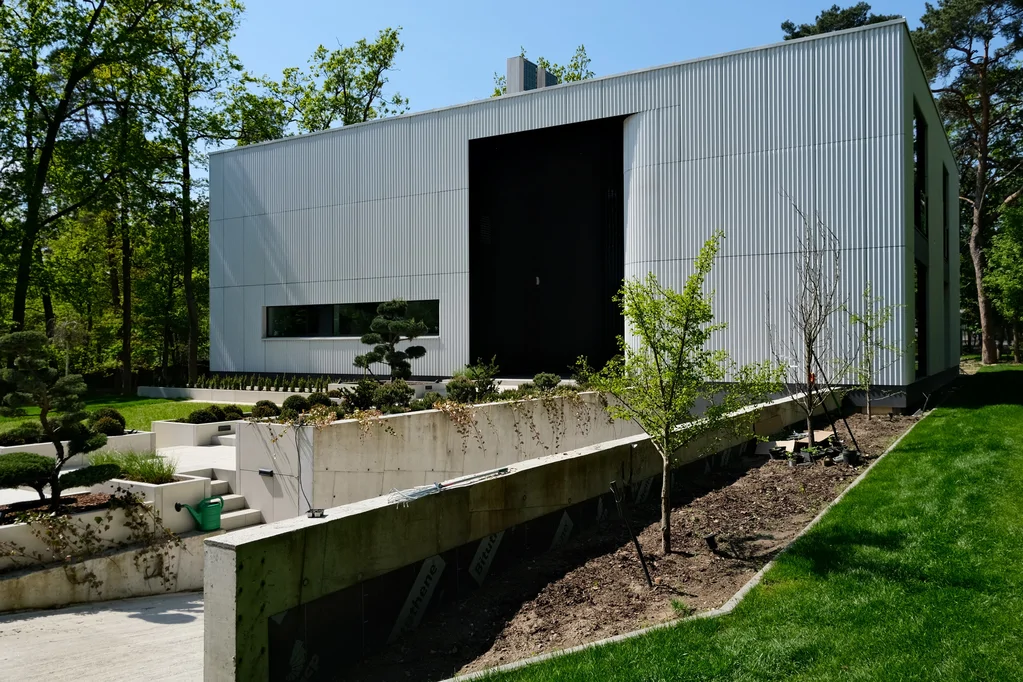 Ukośne ujęcie frontu domu z betonowym zjazdem do garażu, schodami wejściowymi i jasną elewacją ryflowaną