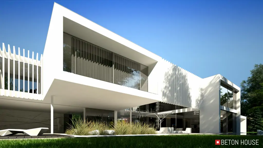 Wizualizacja bocznej elewacji nowoczesnej willi z podcieniem i ogrodem.