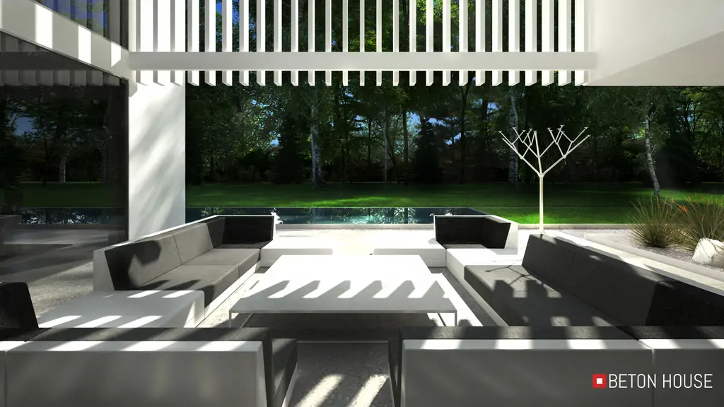 Wizualizacja zadaszonej strefy wypoczynkowej przy basenie w nowoczesnej willi.