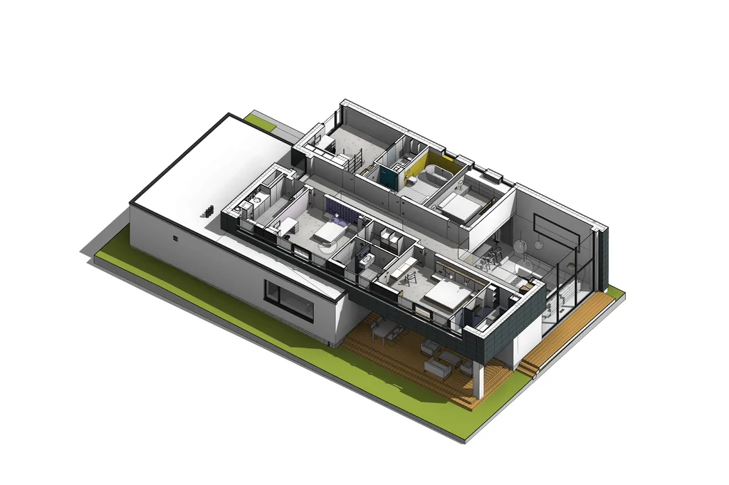 Wizualizacja 3D rzutu piętra nowoczesnego domu z sypialniami, łazienkami i tarasem.