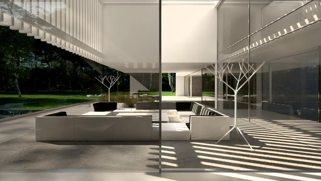 Wizualizacja strefy wypoczynkowej widzianej przez przeszklenie nowoczesnej willi.