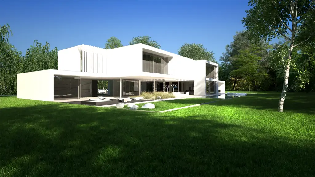 Wizualizacja nowoczesnej willi z dużym ogrodem i panoramicznym widokiem na elewację ogrodową.