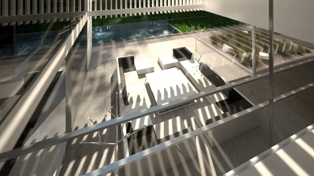 Wizualizacja ogrodowej elewacji nowoczesnej willi z jacuzzi, tarasem i strefą relaksu.