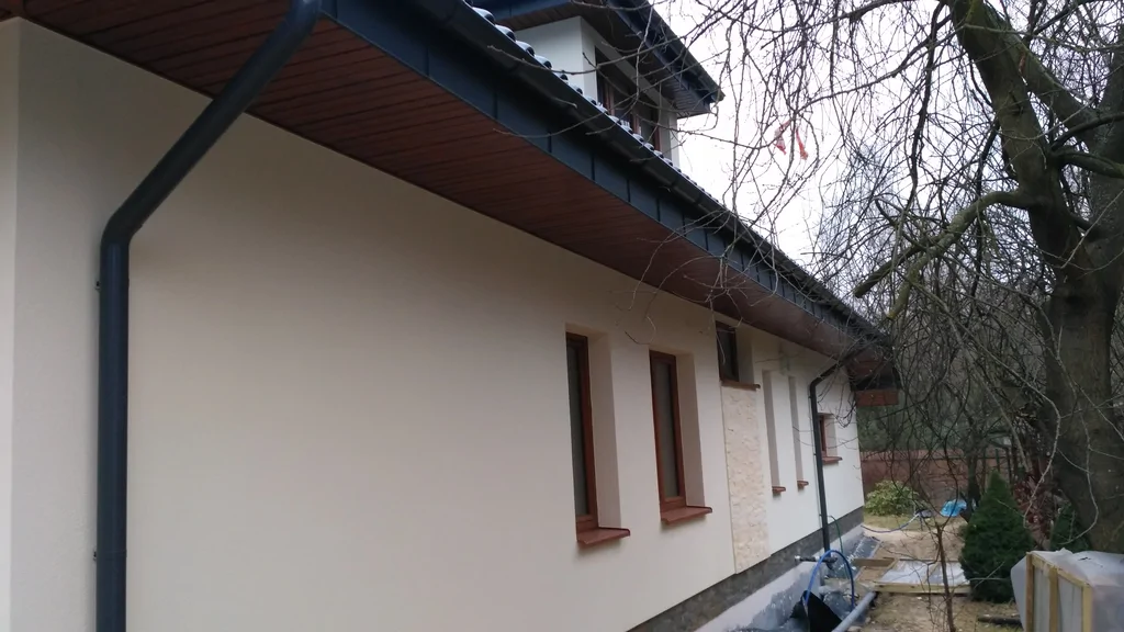 Biała elewacja, rynna w kolorze grafitowym 