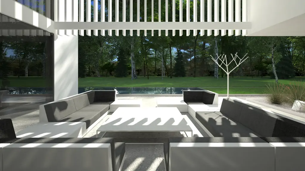 Wizualizacja nowoczesnej willi z ogrodową elewacją, tarasem i strefą wypoczynkową.