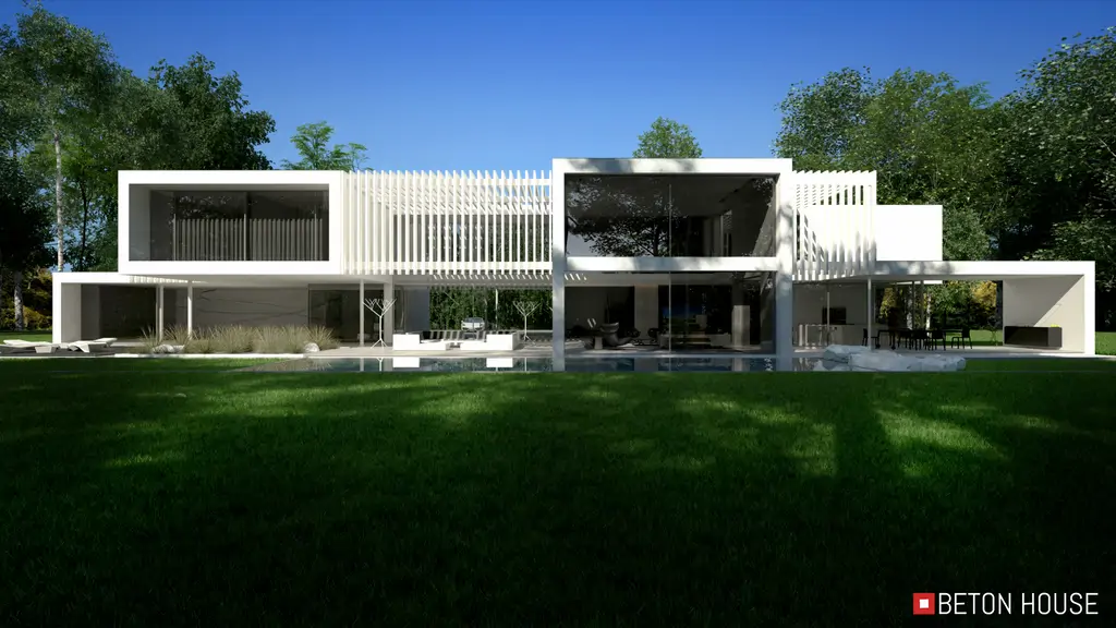 Wizualizacja ogrodowej elewacji nowoczesnej willi z basenem i strefą wypoczynku.