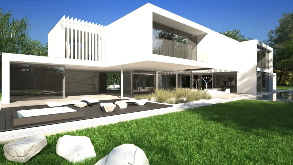 Wizualizacja frontowej elewacji nowoczesnej willi z podjazdem, klasycznym autem i zadaszonym wejściem.