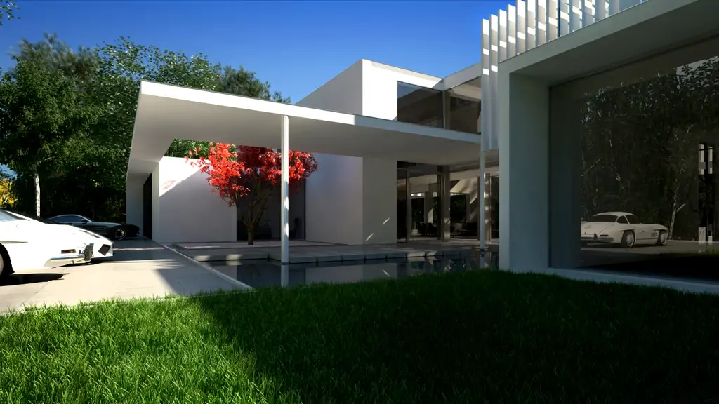 Wizualizacja nowoczesnej willi z zadaszonym podjazdem, basenem i wewnętrznym patio.