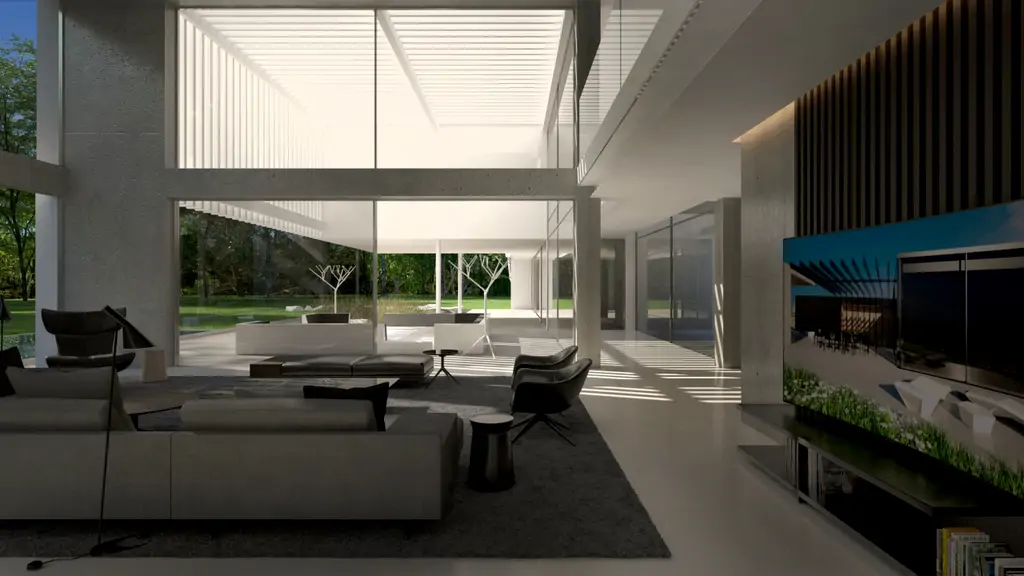 Wizualizacja przestronnego salonu z pełnym przeszkleniem i widokiem na patio.