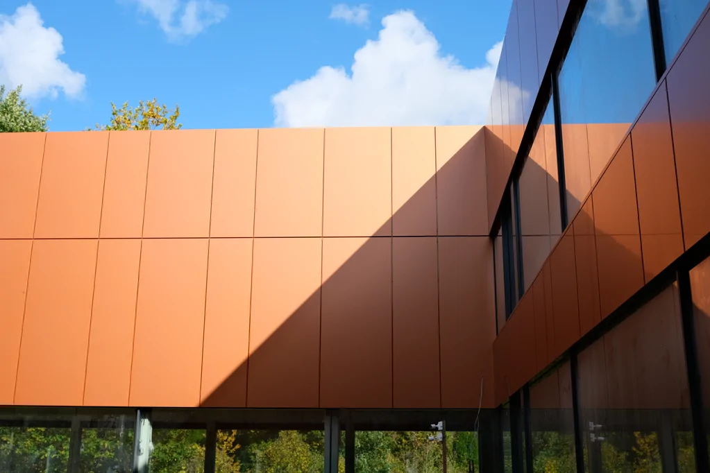 Dziedziniec wewnętrzny domu z dużymi przeszkleniami i centralnym drzewem