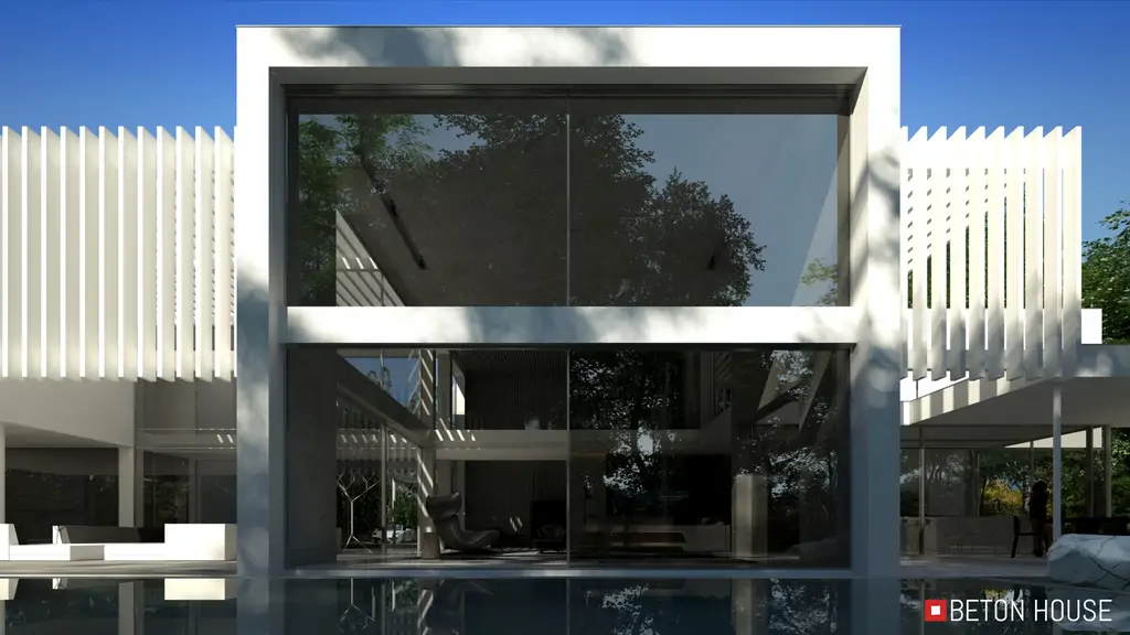 Frontowy widok przeszklonego salonu i piętrowej bryły nowoczesnej willi – wizualizacja.