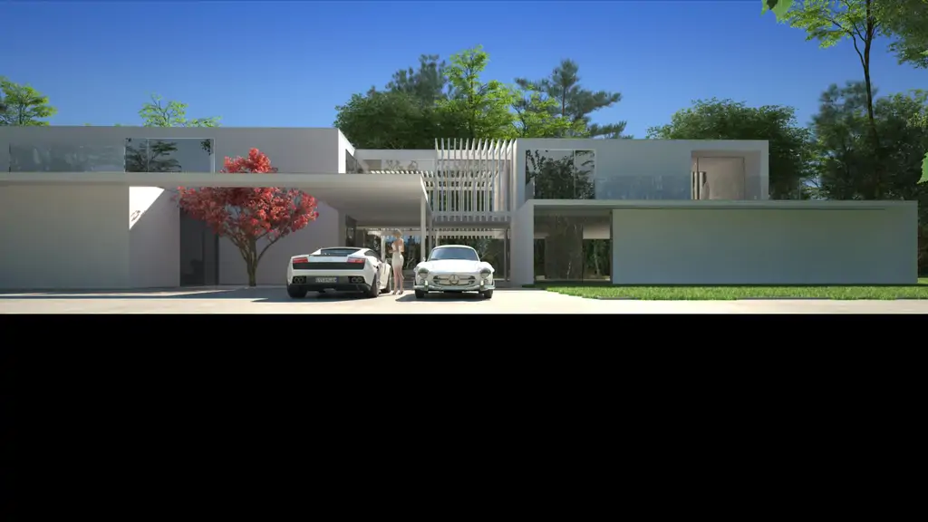 Wizualizacja nowoczesnej willi z tarasem jadalnianym i dużymi przeszkleniami od strony ogrodu.