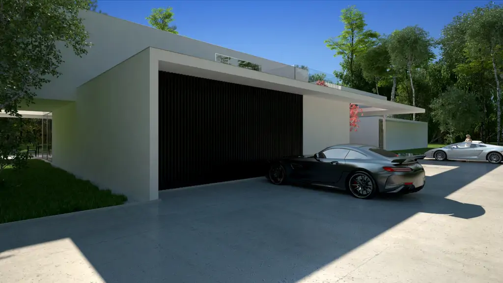 Wizualizacja garażu i bocznej elewacji nowoczesnej willi z minimalistyczną bryłą.