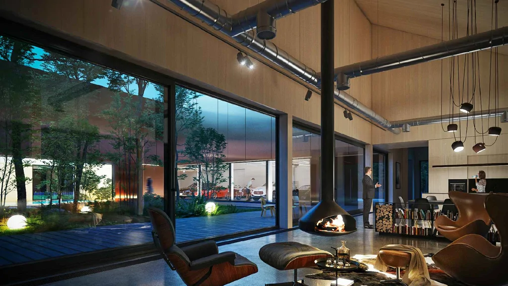 Wizualizacja nowoczesnego salonu z kominkiem i panoramicznym przeszkleniem na patio oraz strefę rekreacyjną