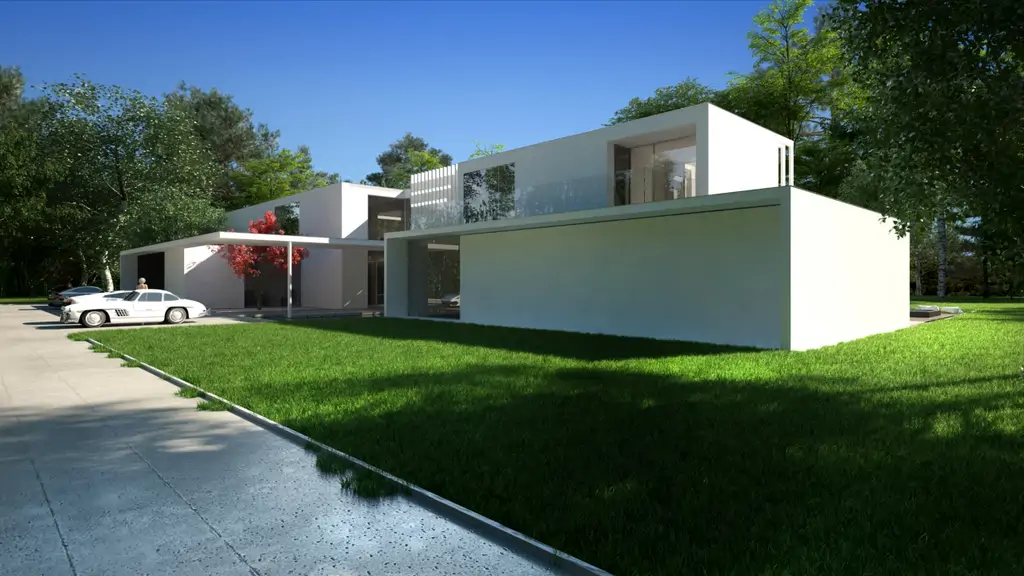 Wizualizacja frontowej elewacji nowoczesnej willi z dużymi przeszkleniami i trawnikiem.