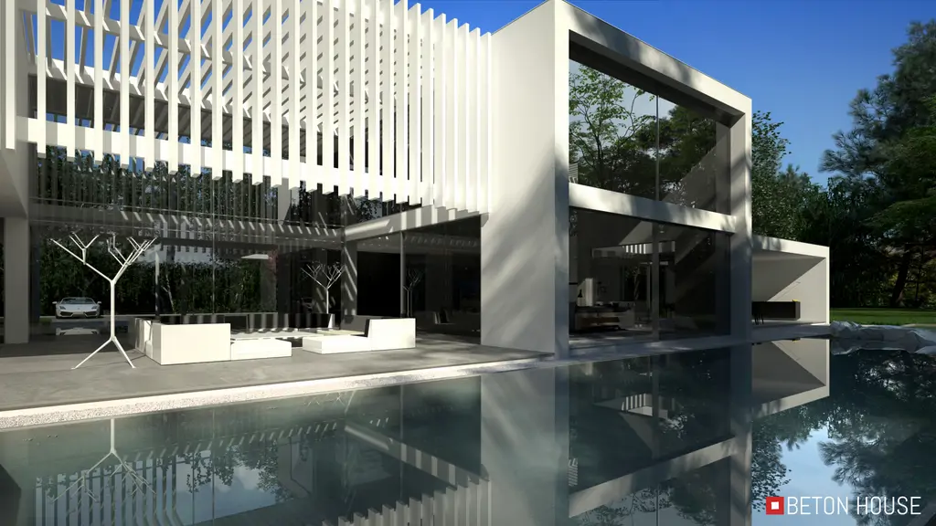 Zbliżenie strefy tarasowej i basenu przy nowoczesnej willi – wizualizacja.