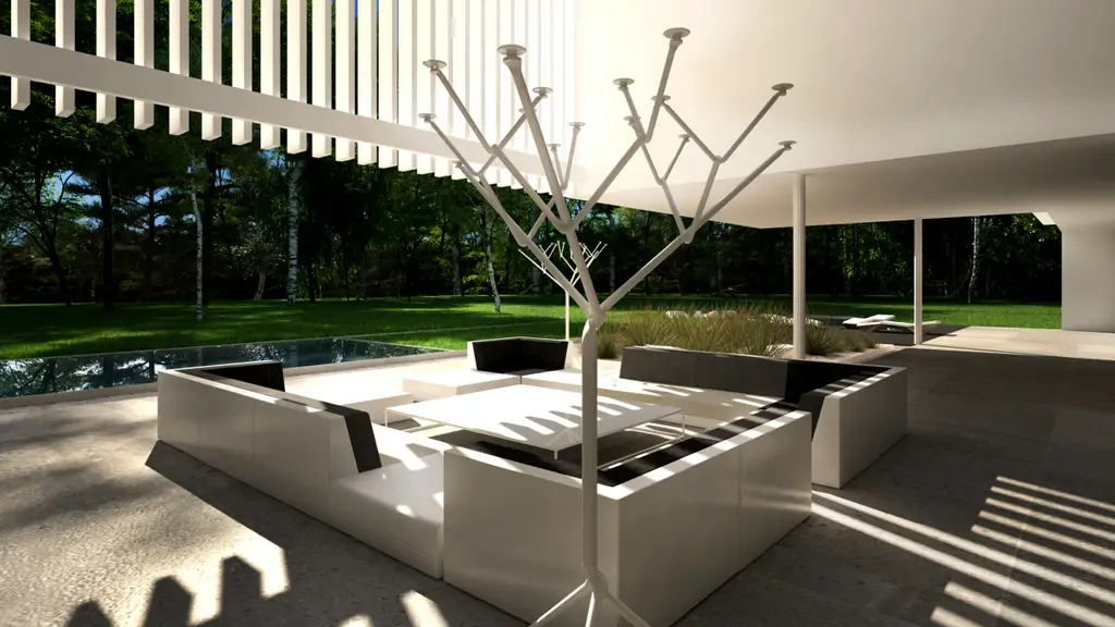 Wizualizacja tarasu wypoczynkowego z designerskim oświetleniem i basenem.