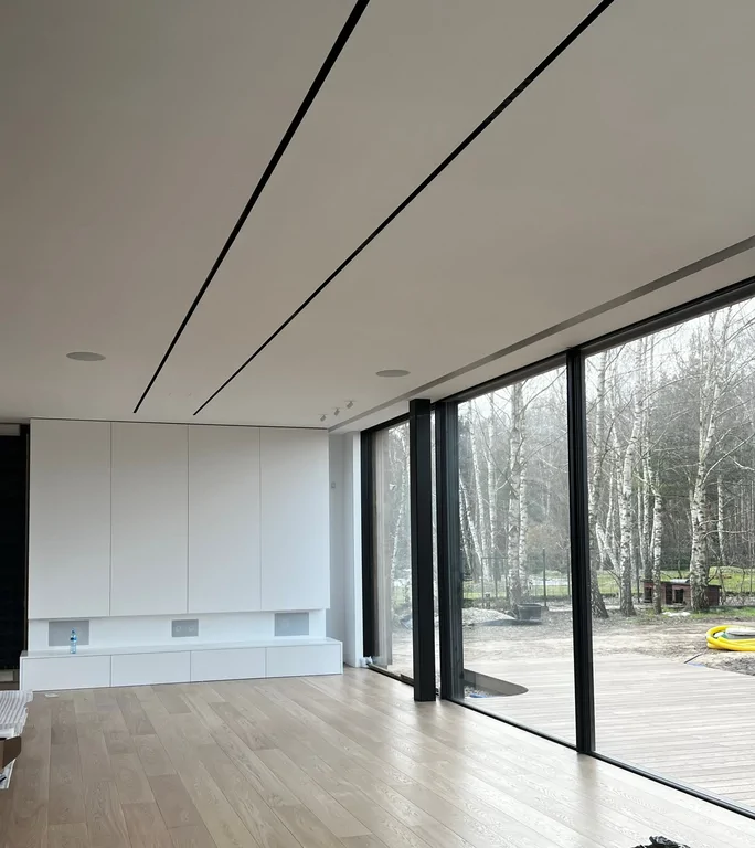 Salon z panoramicznym przeszkleniem, czarnymi słupkami konstrukcyjnymi i dębową podłogą.