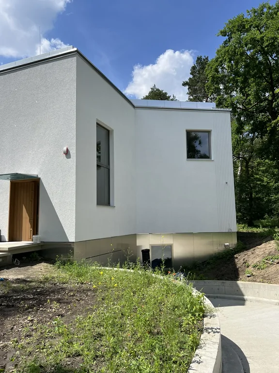 Boczna elewacja nowoczesnego domu z białym tynkiem, wysokimi oknami i wejściem